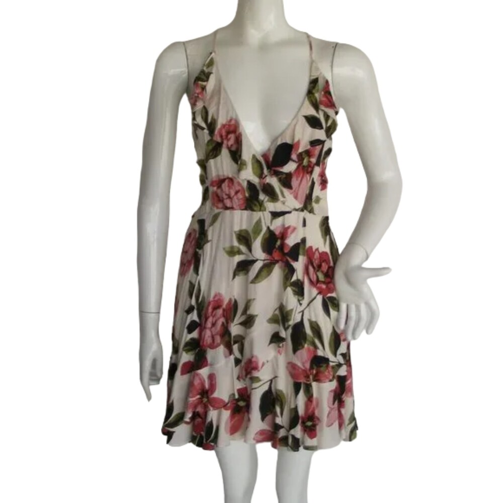 new OLIVACEOUS Mini Dress, L, White Floral, Ruffle, Surplice, Lace-up Back